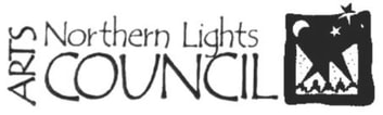 Logo: White triangle with the words Northern Lights Arts Council and a picture of lights shining into the sky with moon and stars